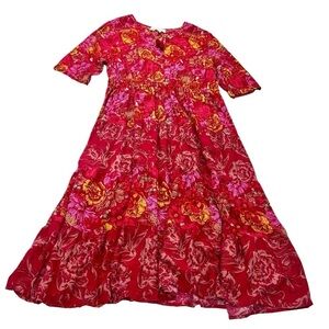 Margaux Riviera Women's Red Floral Midi Dress Bohemian Chic Size XL Viscose